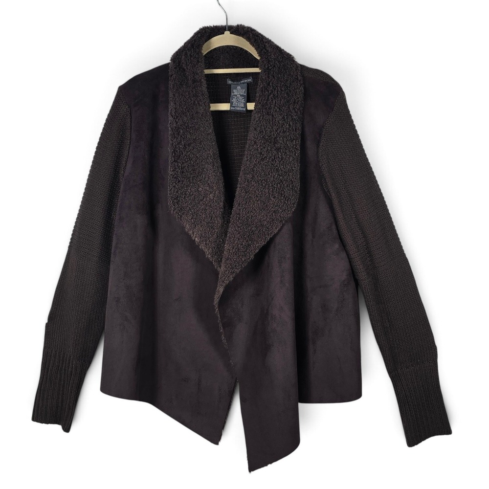 Chelsea & Theodore Cardigan Women XXL Faux Suede Brown Knit Fur Draped Wrap EUC